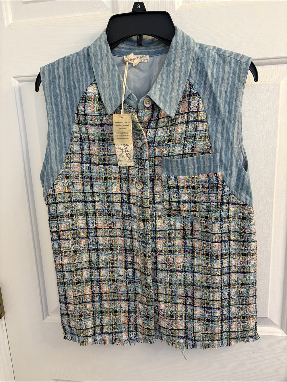 Mystree Light Blue Multicolor Patchwork Button-Down Vest